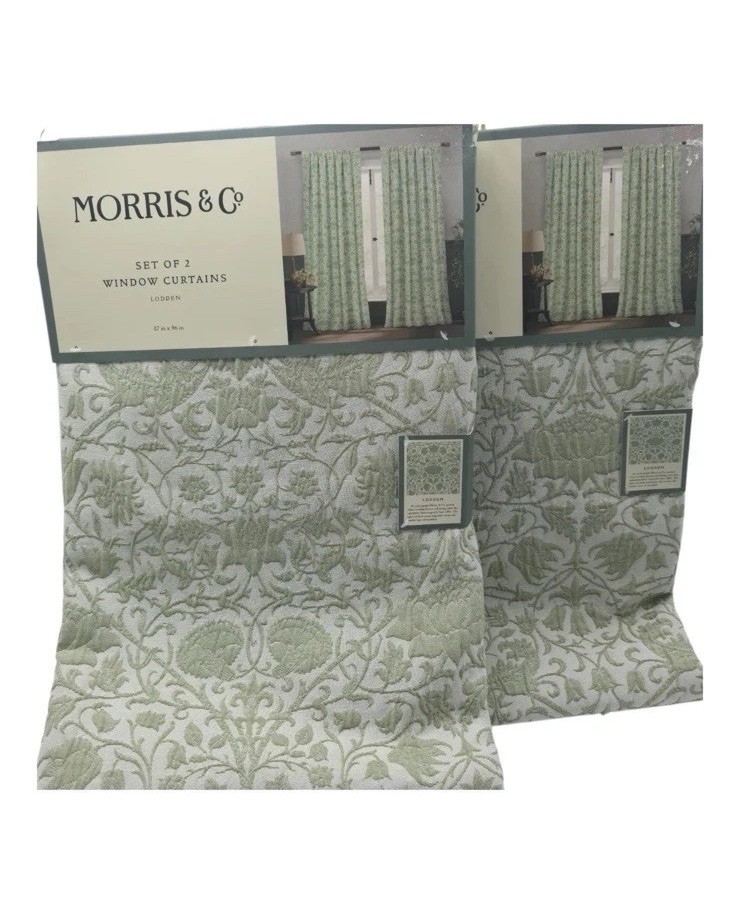 WILLIAM MORRIS Co 2Set/4 Panels Embossed Lodden Green Floral Curtains 37×96 NEW
