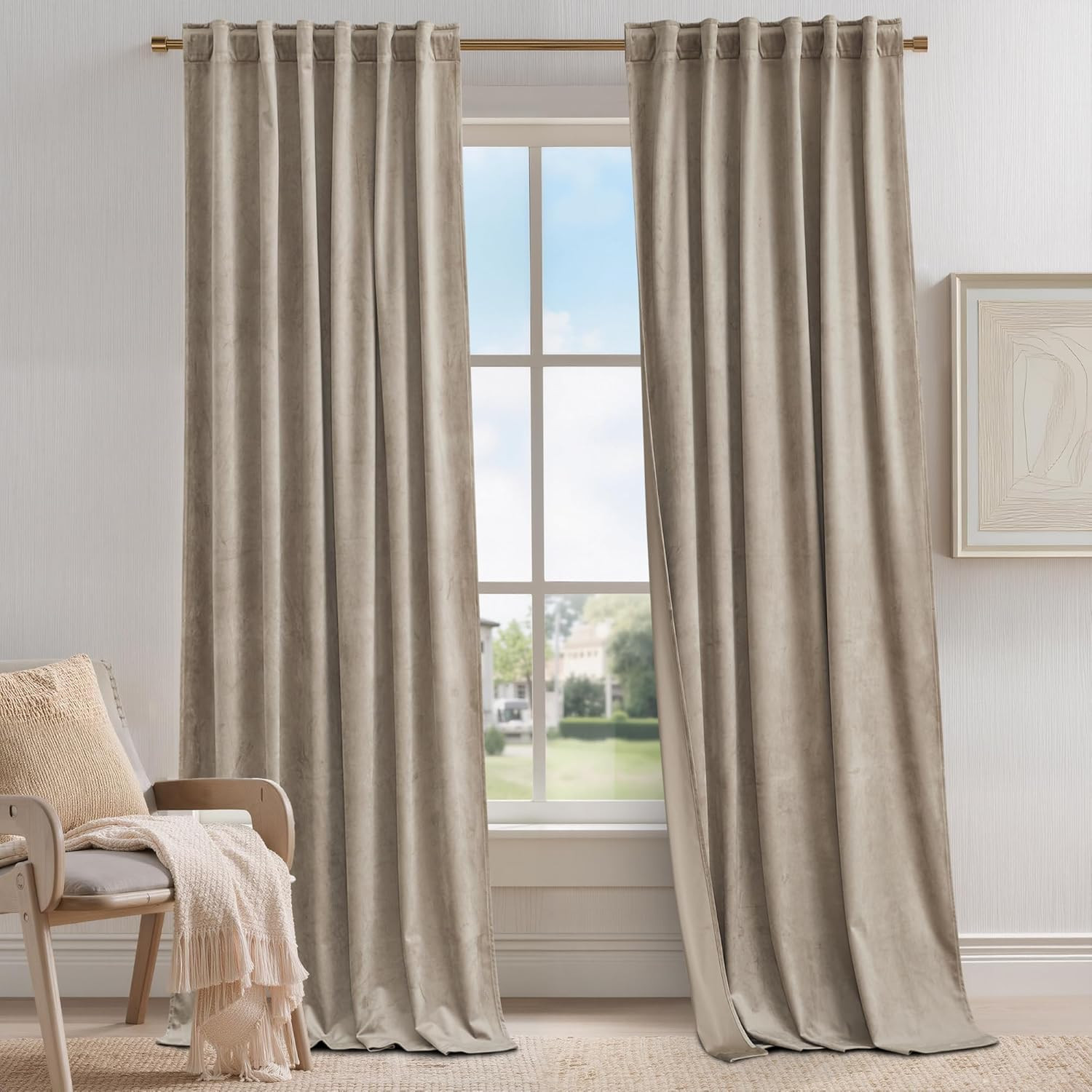 Extra Long Taupe Velvet Blackout Curtains 120″ – 2 Panels, Thermal Insulation