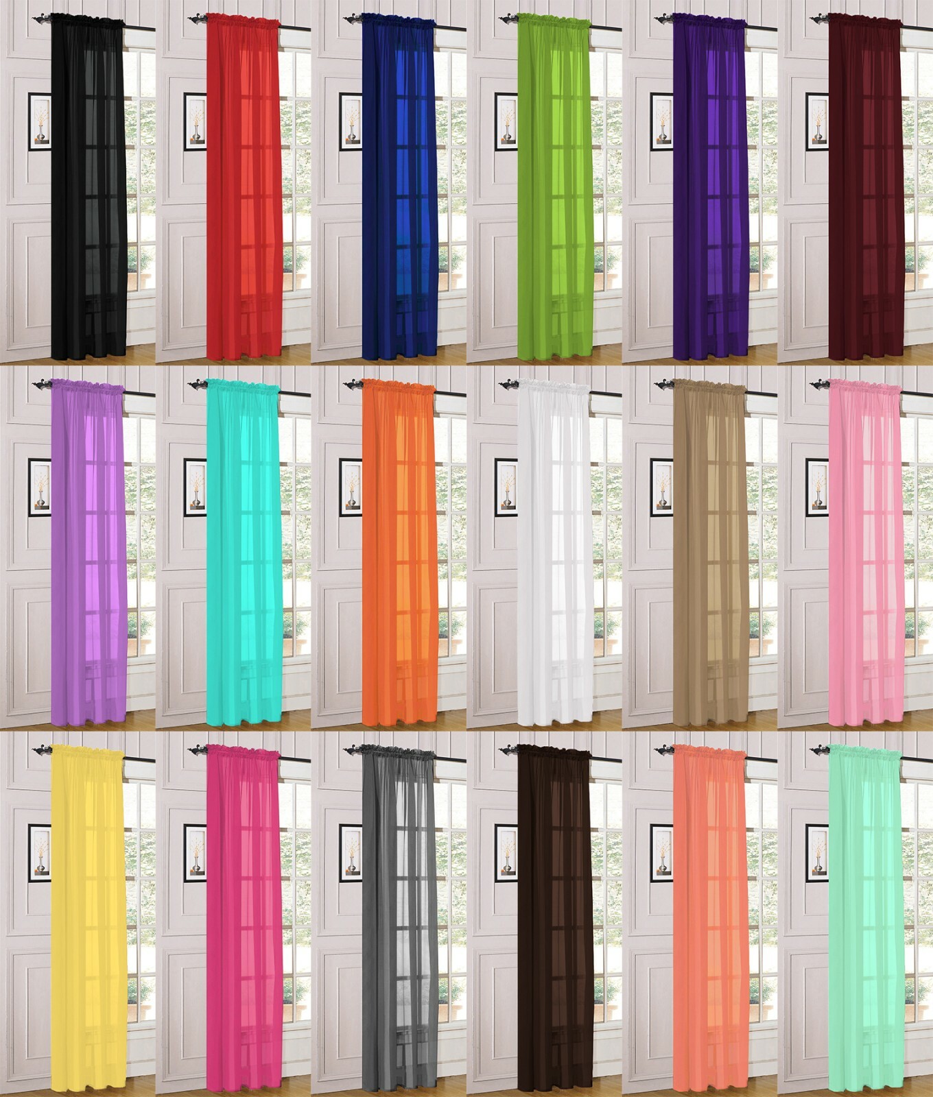 1 Piece Sheer Voile Rod Pocket Window Panel Curtain Drapes Many Sizes & Colors