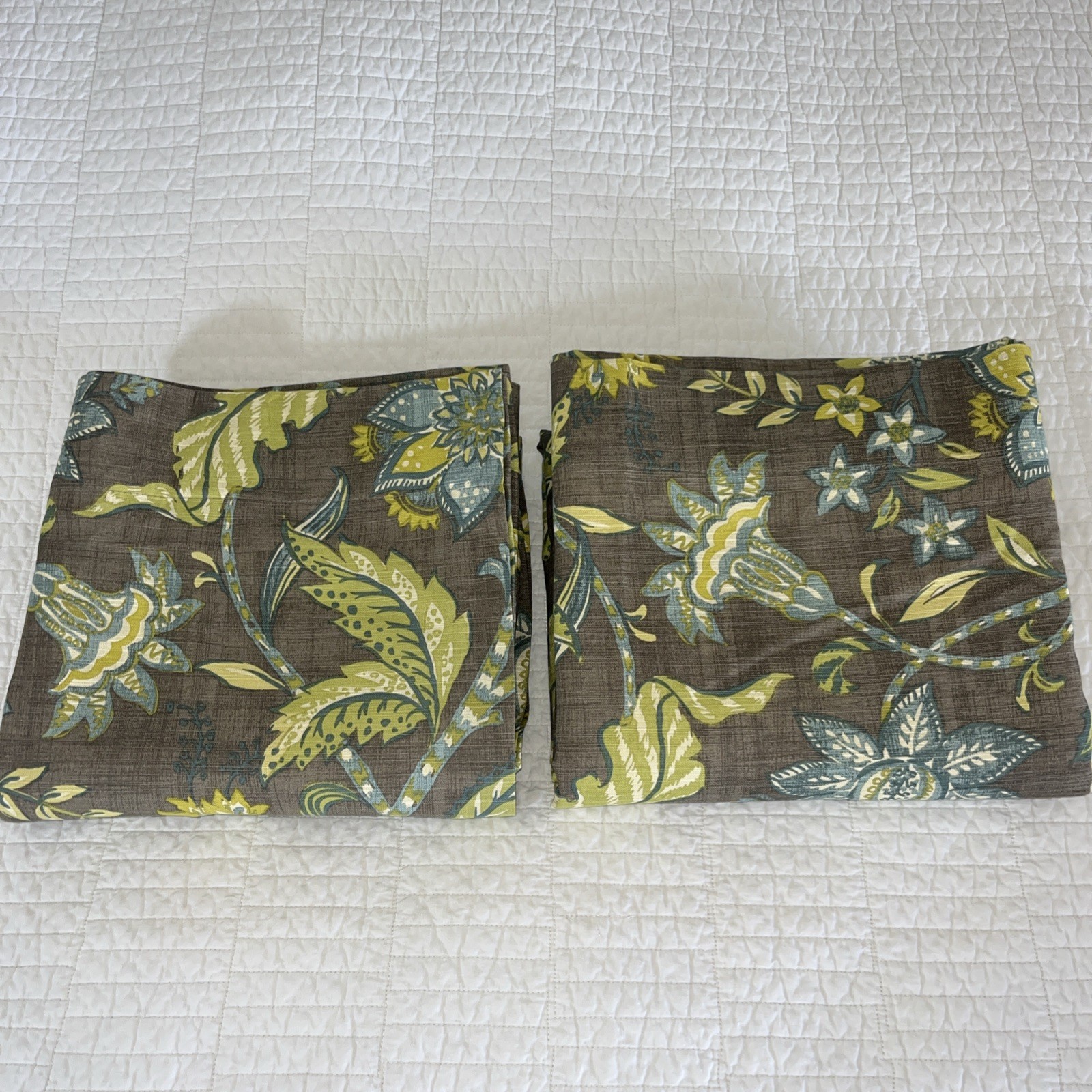 2 WORLD MARKET Jacobean Floral GREEN Blue BROWN Curtain PANELS 48×84” Lined