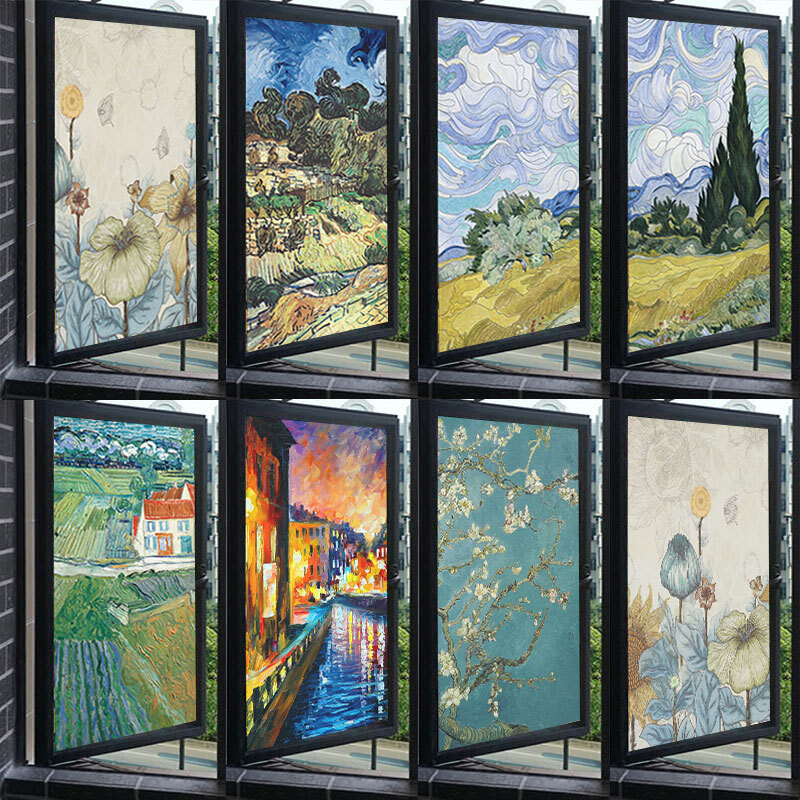 Village Retro Oil Painting Window Film Print Sticker Cling Stained Glass Decor