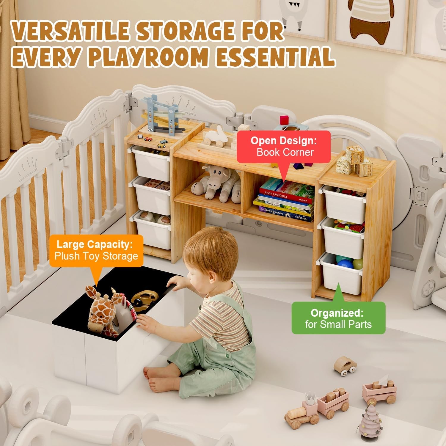 Montessori Shelf for Kids – 100% Solid Pine Wood with 6 Removable Plastic Bins,