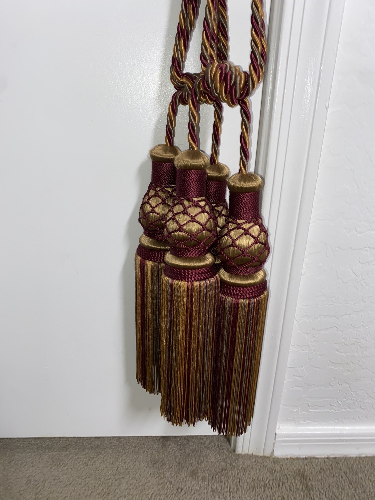 Pair Double Tassel Curtain Tiebacks Braided Rope Burgundy Wine Gold Green 31”