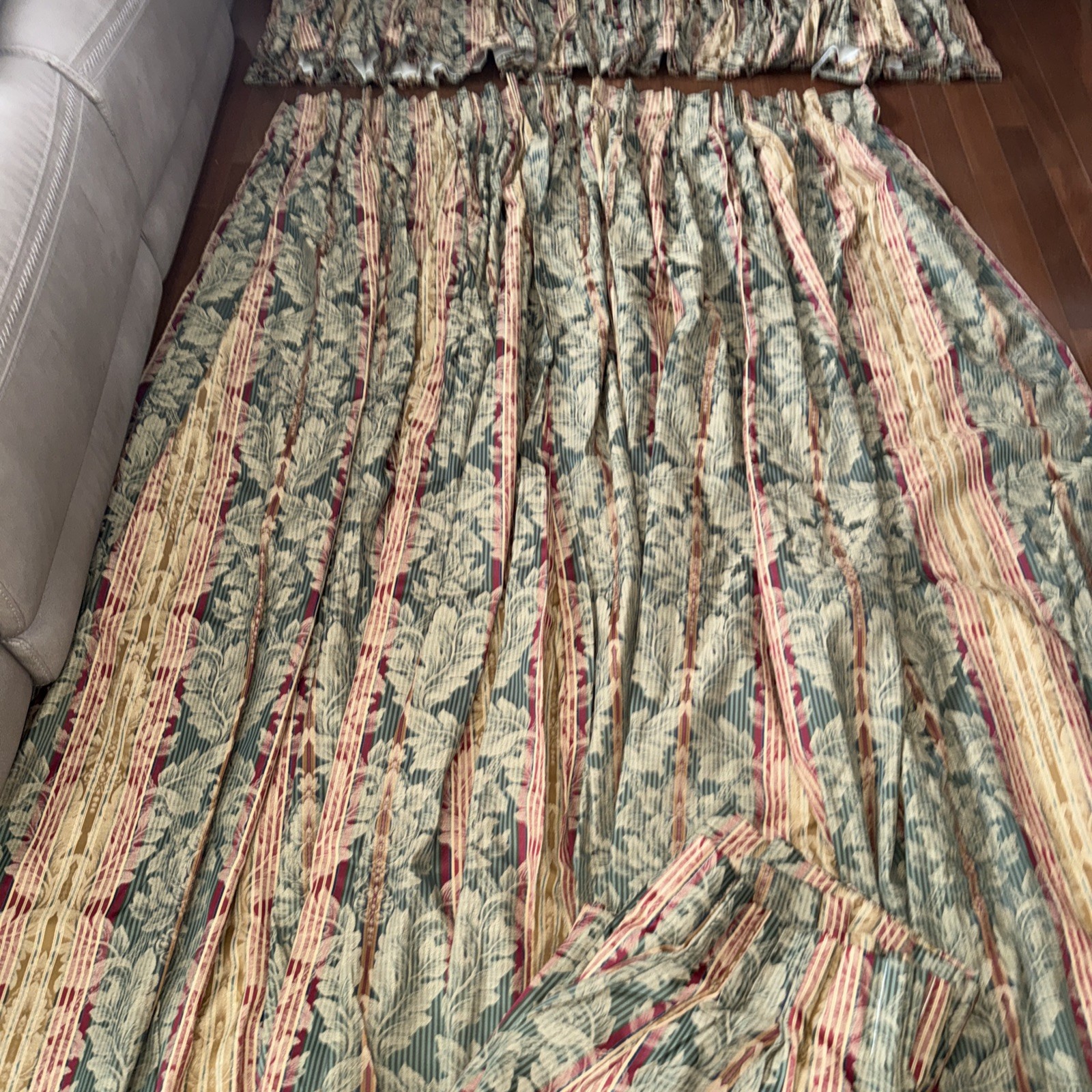 Pair Pinch Pleat Lined 2 Drapes 56Wx84L Brocade-Striped Red Green + 112” Valance