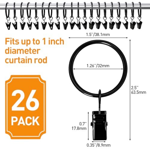 Curtain Rings with Clips, Curtain Hooks for Drapes, Curtain Clips with 26 PCS