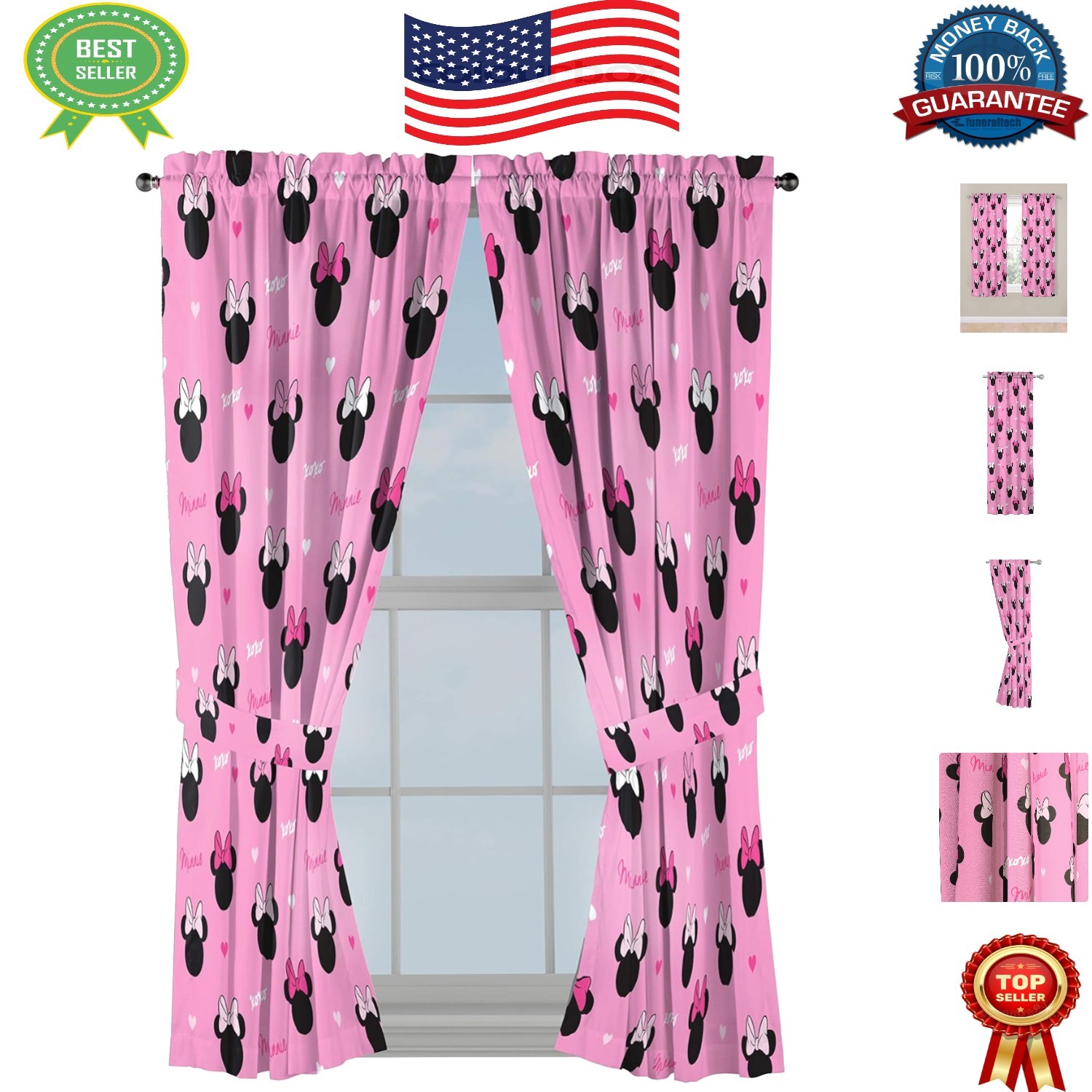 Charming 63″ Minnie Mouse Drapes with Tiebacks – Lightweight and Fade Resistant