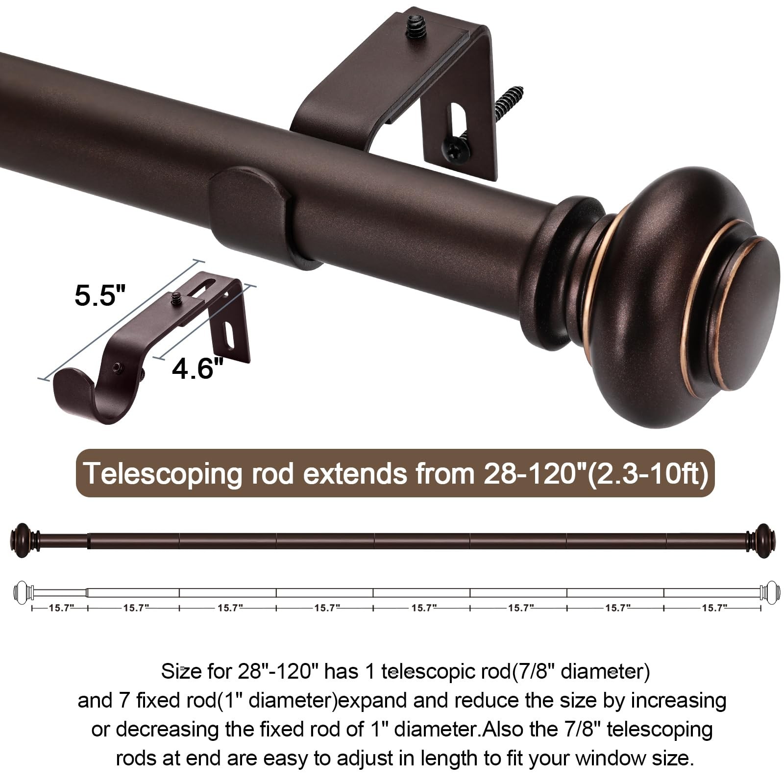 SIMEWIN Bronze Curtain Rods for Windows 66 to 120 Inches 28″-120″,