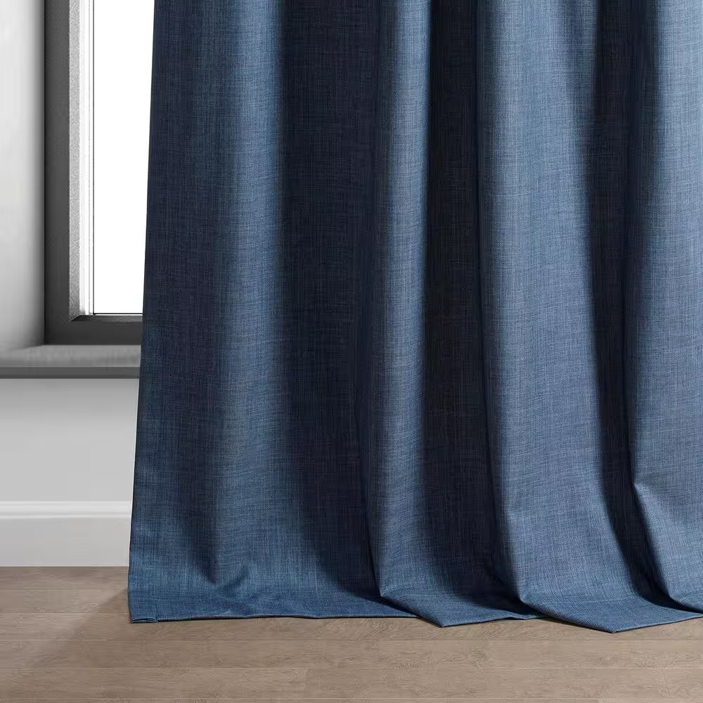 Dark Blue Performance Linen 50 In. W X 96 In. L Rod Pocket Hotel Blackout Curtai