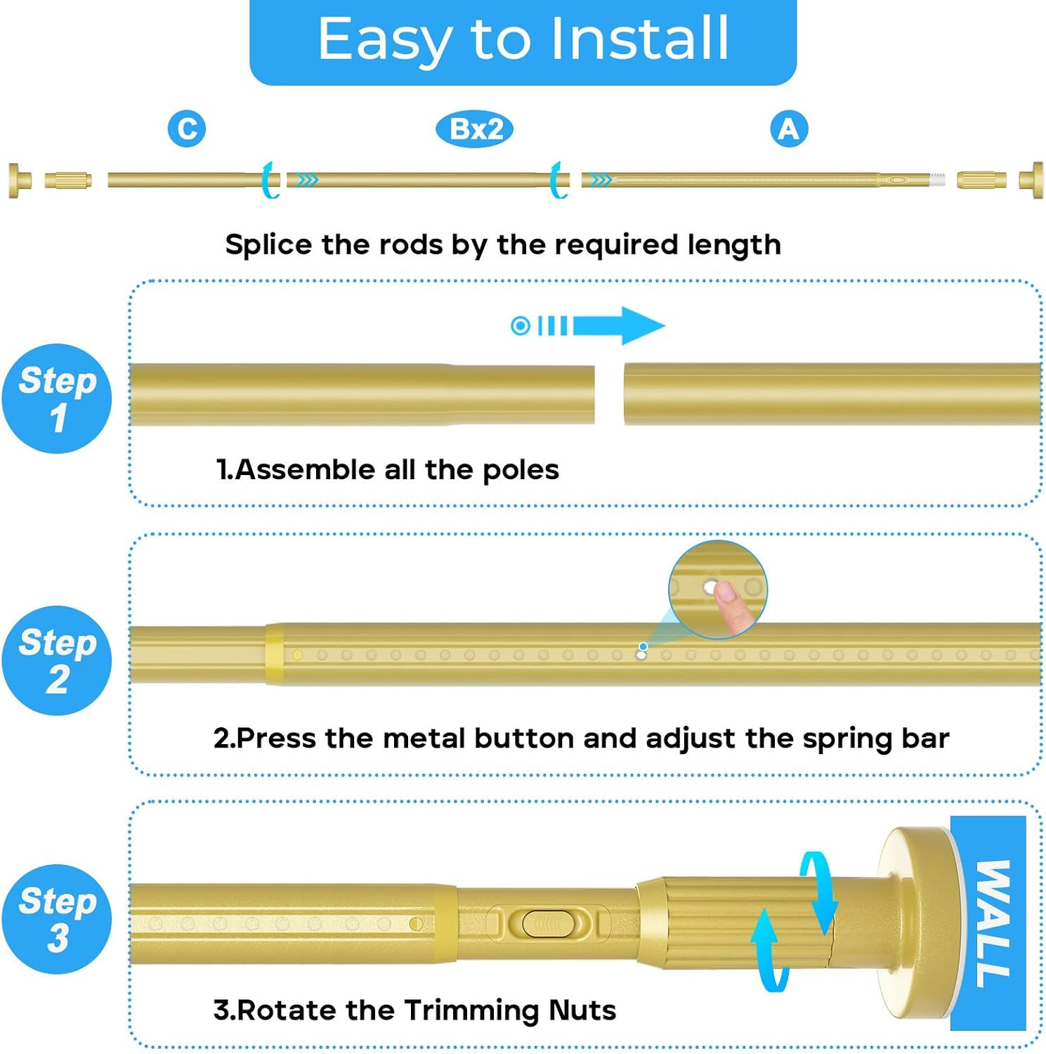 AIZESI Tension Curtain Rod 41-126 Inch(4-10Ft),1.26” Diameter,Long Heavy Duty A