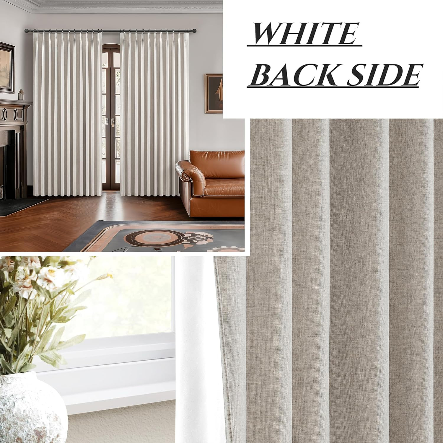 60″ Wide Blackout Curtains 84″ Long Pinch Pleated Linen Drapes – 2 Panels