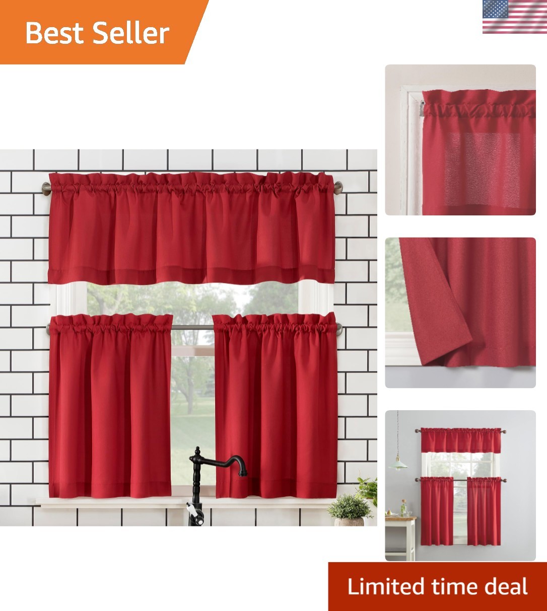 Elegant Red Microfiber Semi-Sheer Rod Pocket Kitchen Curtain Set – 54″ x 24″