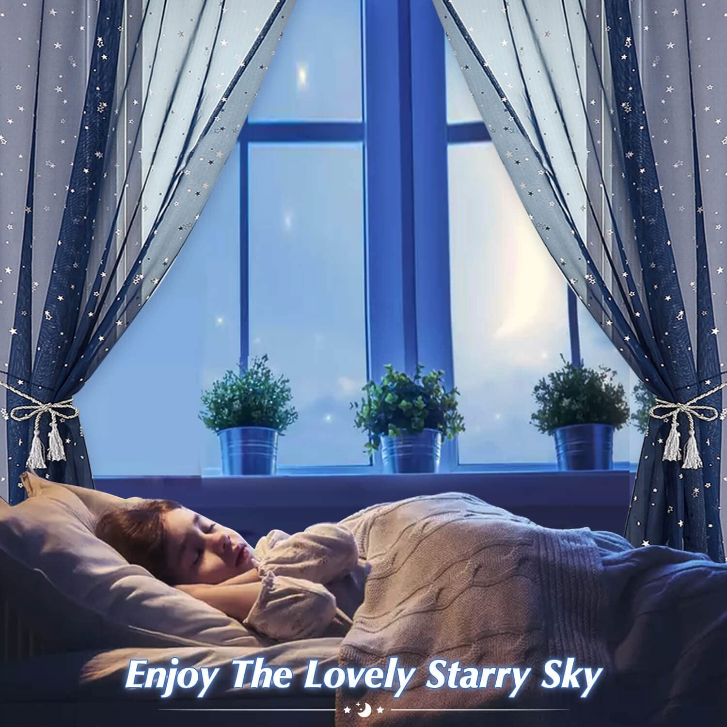 Star Sheer Curtains for Room Set of 2 Panels 63 Inch Length, Blue Starry Moon…
