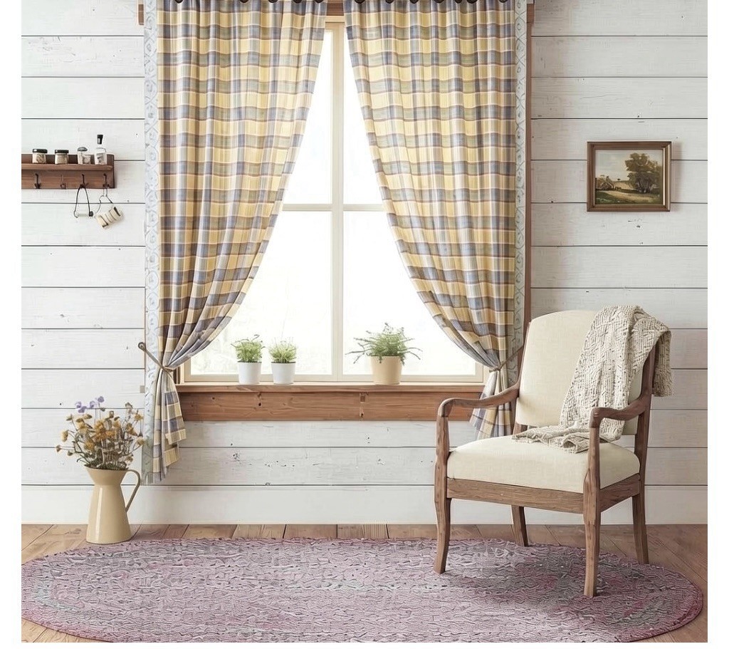 Custom Drapery Panels Yellow Red Blue Farmhouse Plaid Floral Pair + Wood Rings