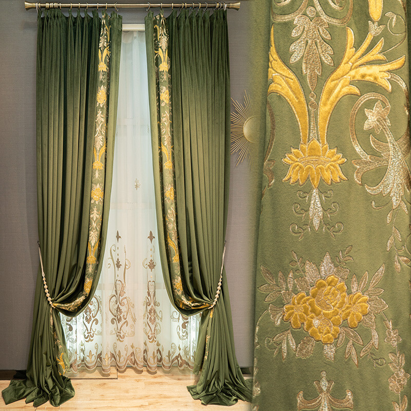 Custom green velvet embroidery thick French cloth curtain tulle drape C1774