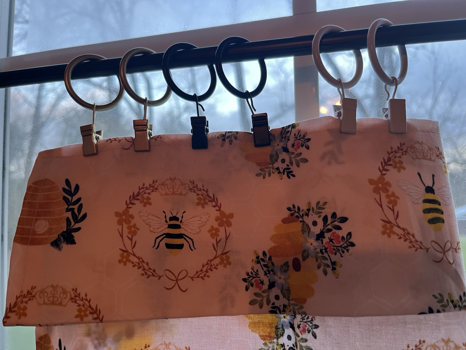 2 panels, Bee Honeycomb Floral cotton kitchen Curtains
