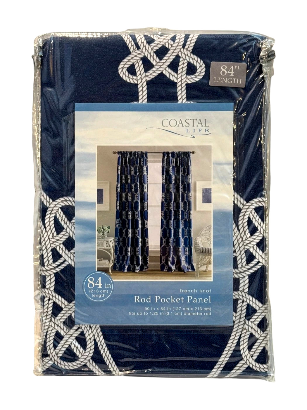 Coastal Life French Knot Rod Pocket Panel 50″ x 84″ Indigo Blue & White