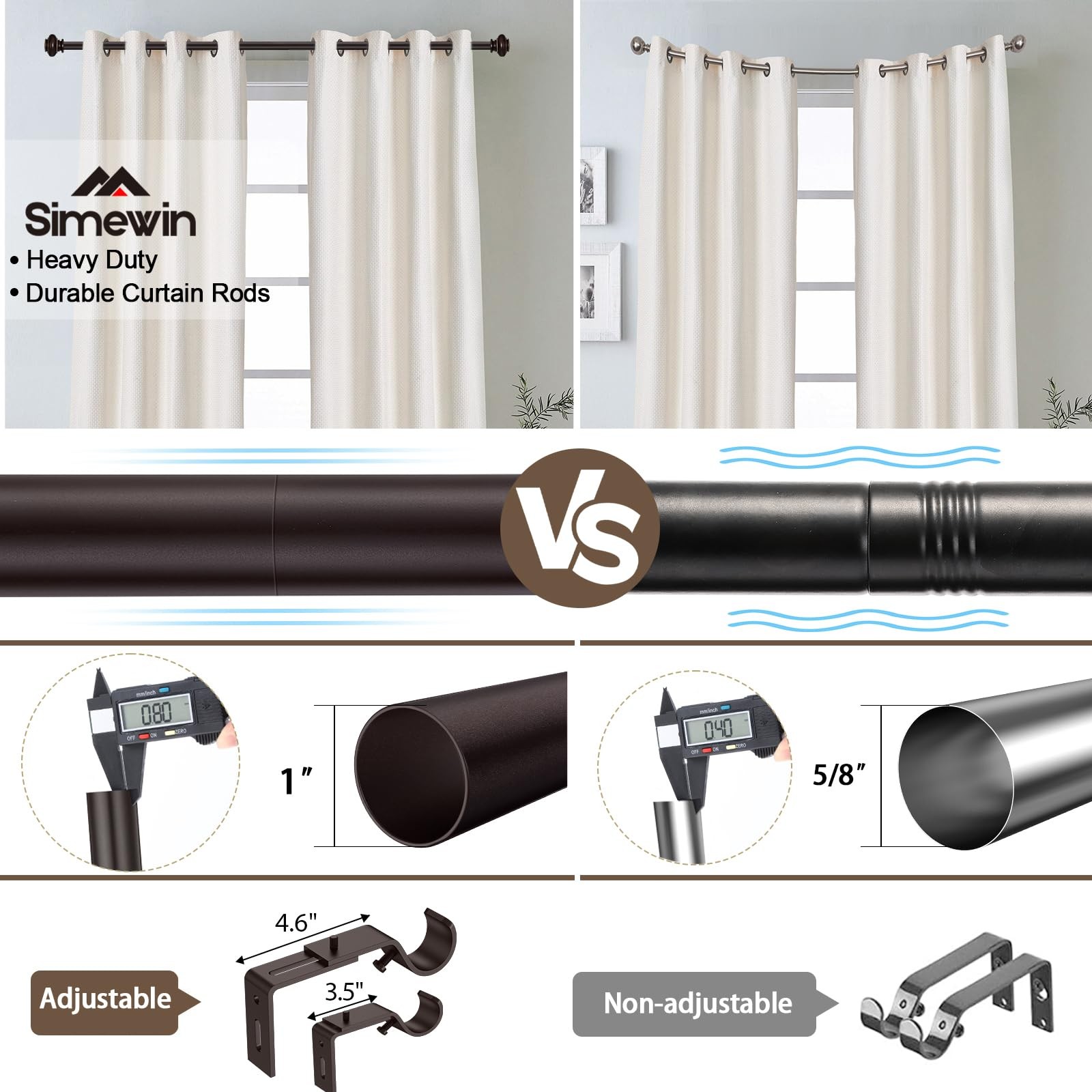 SIMEWIN Bronze Curtain Rods for Windows 66 to 120 Inches 28″-120″,
