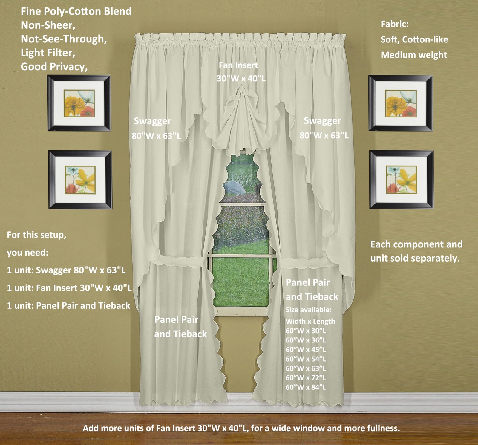 Today’s Curtain, Orleans Scallop Curtain, Ecru 63″ Panel Pair and Tieback,4Pi…