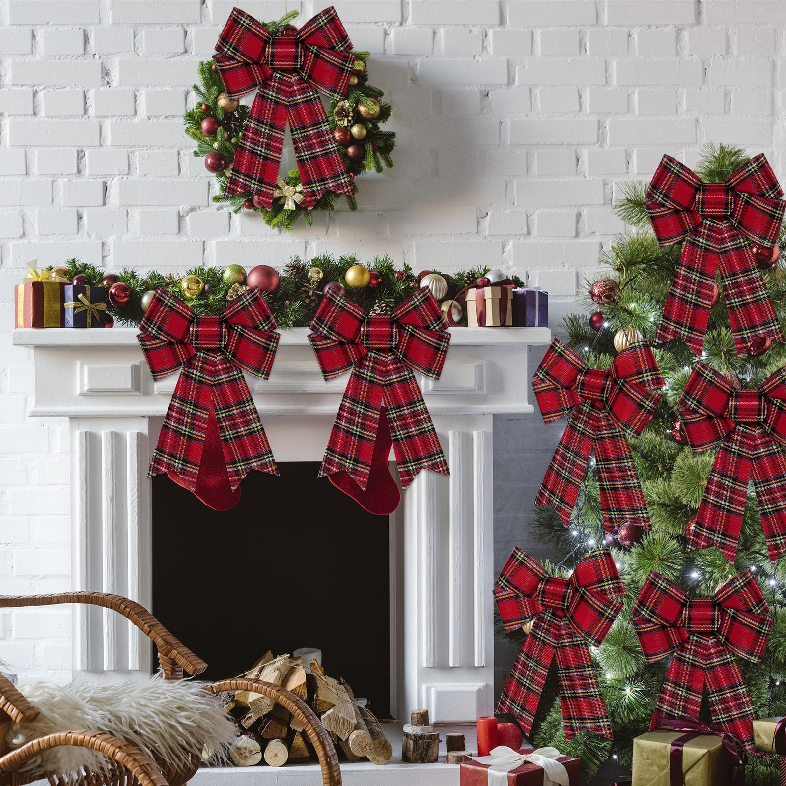 6 PCS Christmas Tree Decor, 9 x 12 Inch Large Christmas Bows, Buffalo Plaid W…