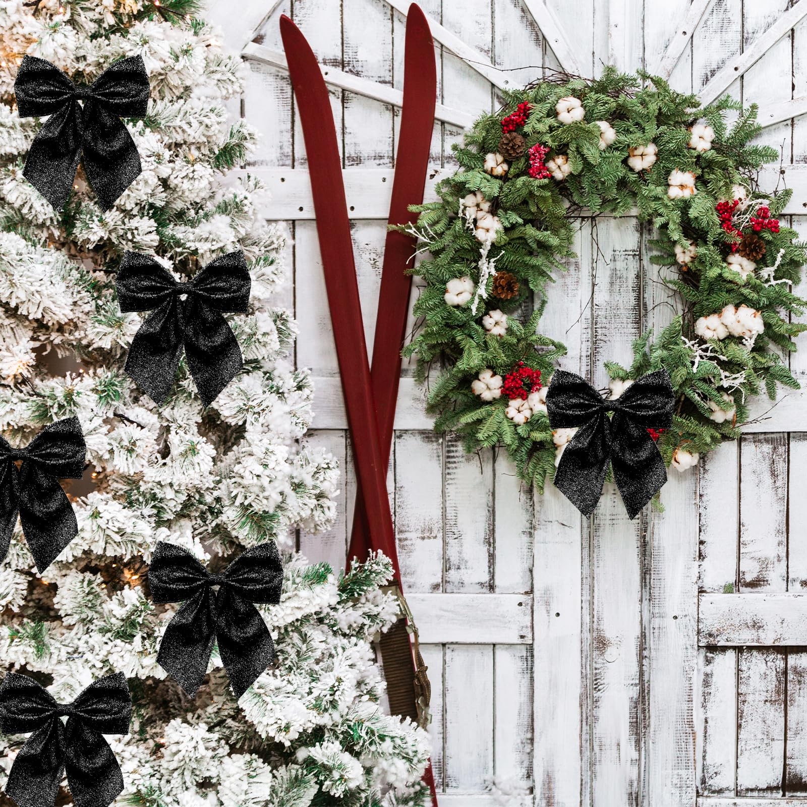 8 PCS Mini Christmas Wreath Bows Front Door Glitter Black Bowknot Decoration