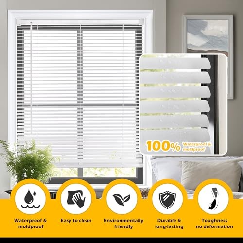 Cordless 1″ Vinyl Mini Blinds for Indoor Windows – Light 27″ W x 64″ H White
