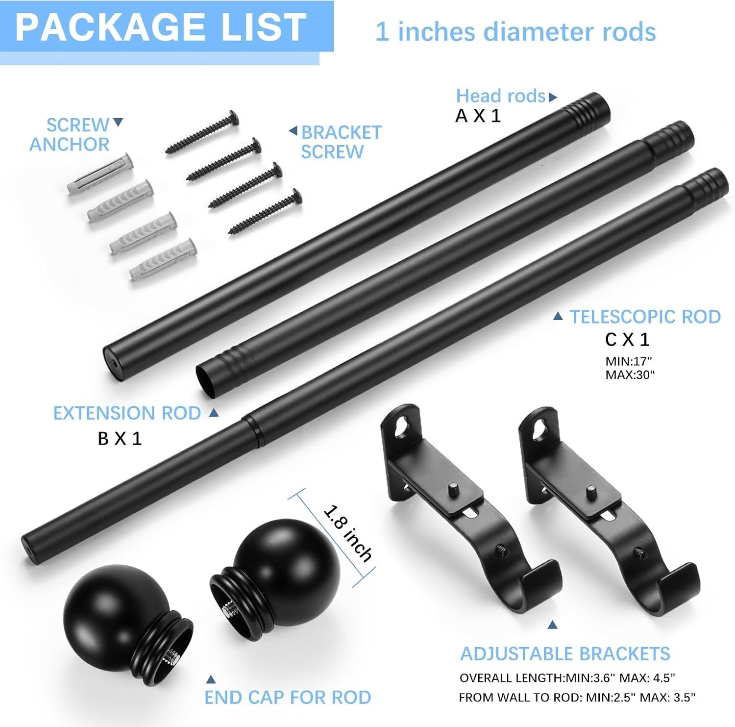Stylish Adjustable Curtain Rod in Black – 1-Inch Diameter, All Hardware Included