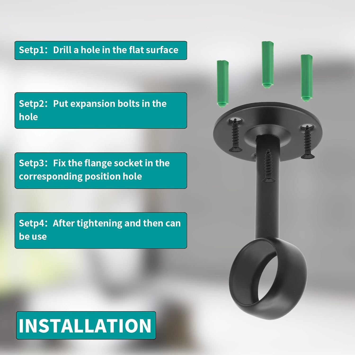 1-1/4Inch Curtain Rod Ceiling Mount Brackets, Stainless Steel, Black, 4 Pack