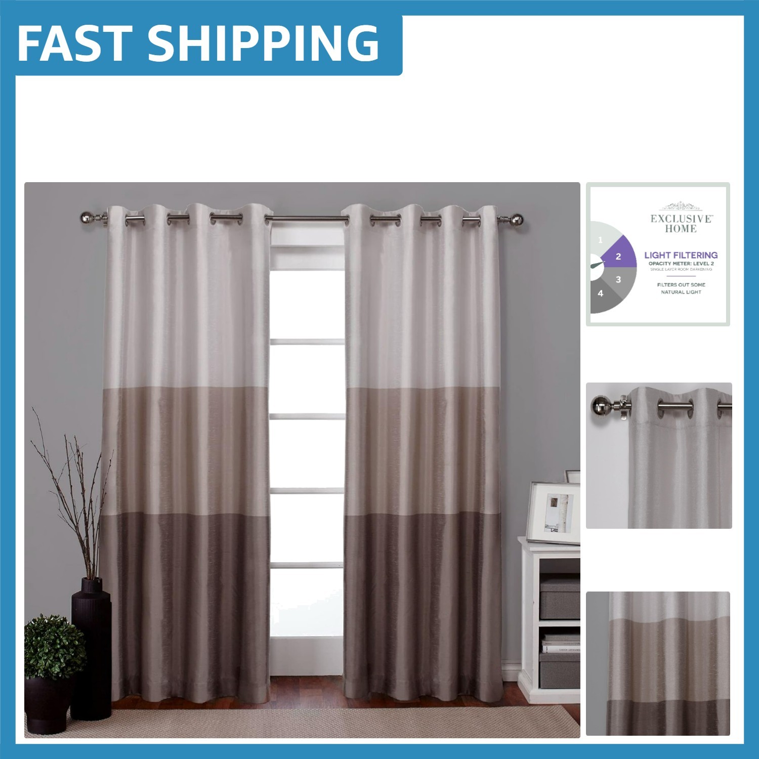 Luxurious Taupe Faux Silk Grommet Curtains, 54×96 Inch Room Darkening Pair
