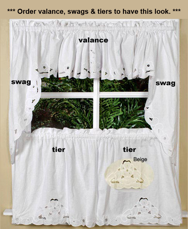 Cutwork Kitchen Curtain Valance, Tier, Swag White or Beige #501 SILKE