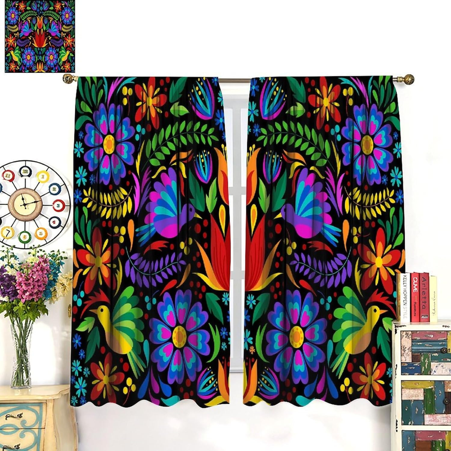 Mexican Blackout Window Curtain Birds Colorful Flowers Mexican Embroidery Style