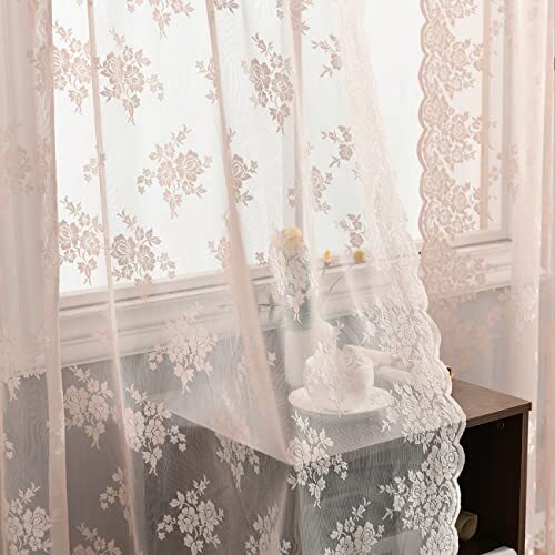 Blush Pink Lace Curtains 108 Inch Length Vintage Floral Blush Sheer Curtains For