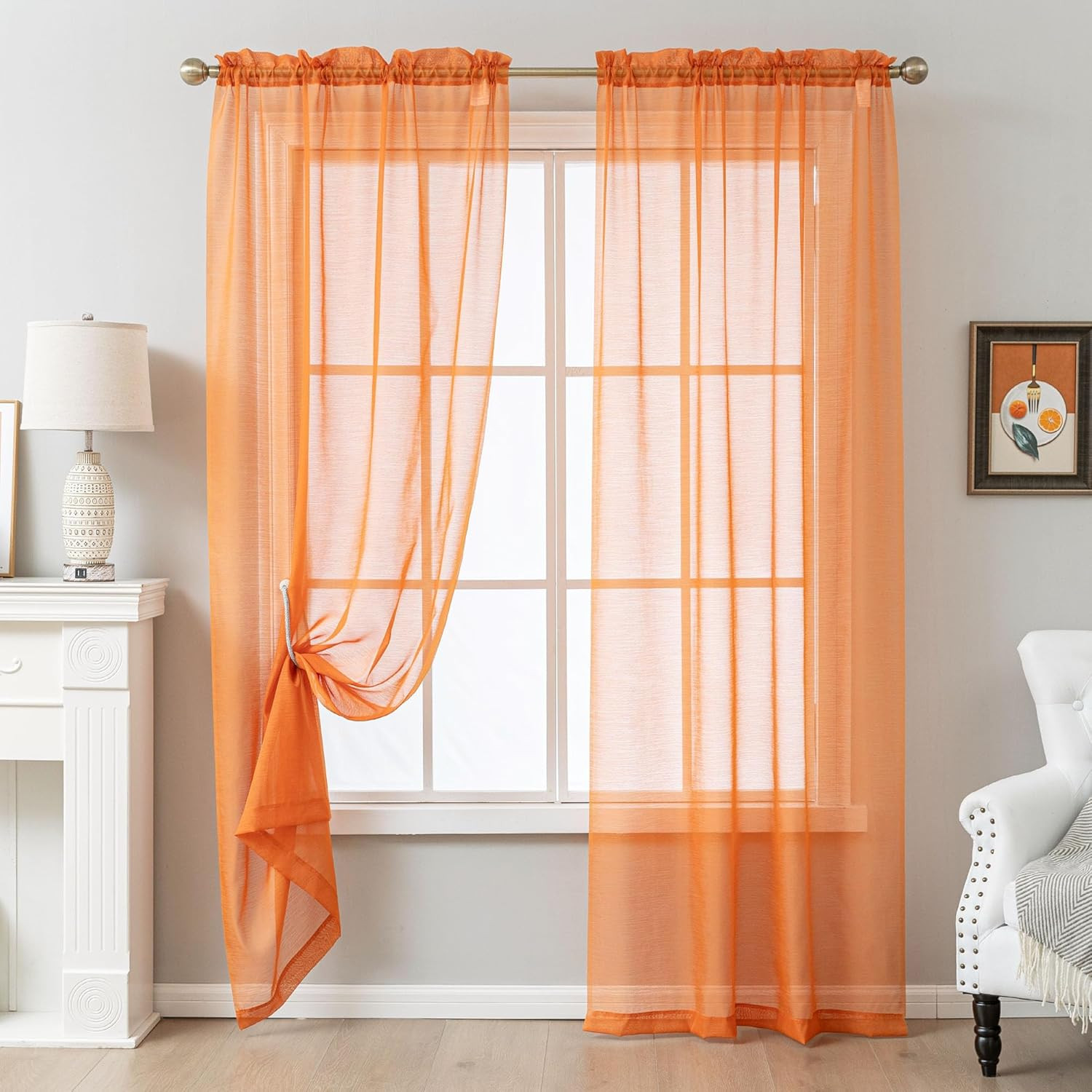 Orange Sheer Curtains 84 Inches Long, Privacy Semi Sheer Curtains for Living Roo