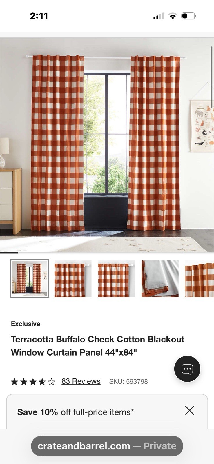 2 Crate&kids Buffalo Check Cotton Blackout Lined Curtain Panels (44×84 )