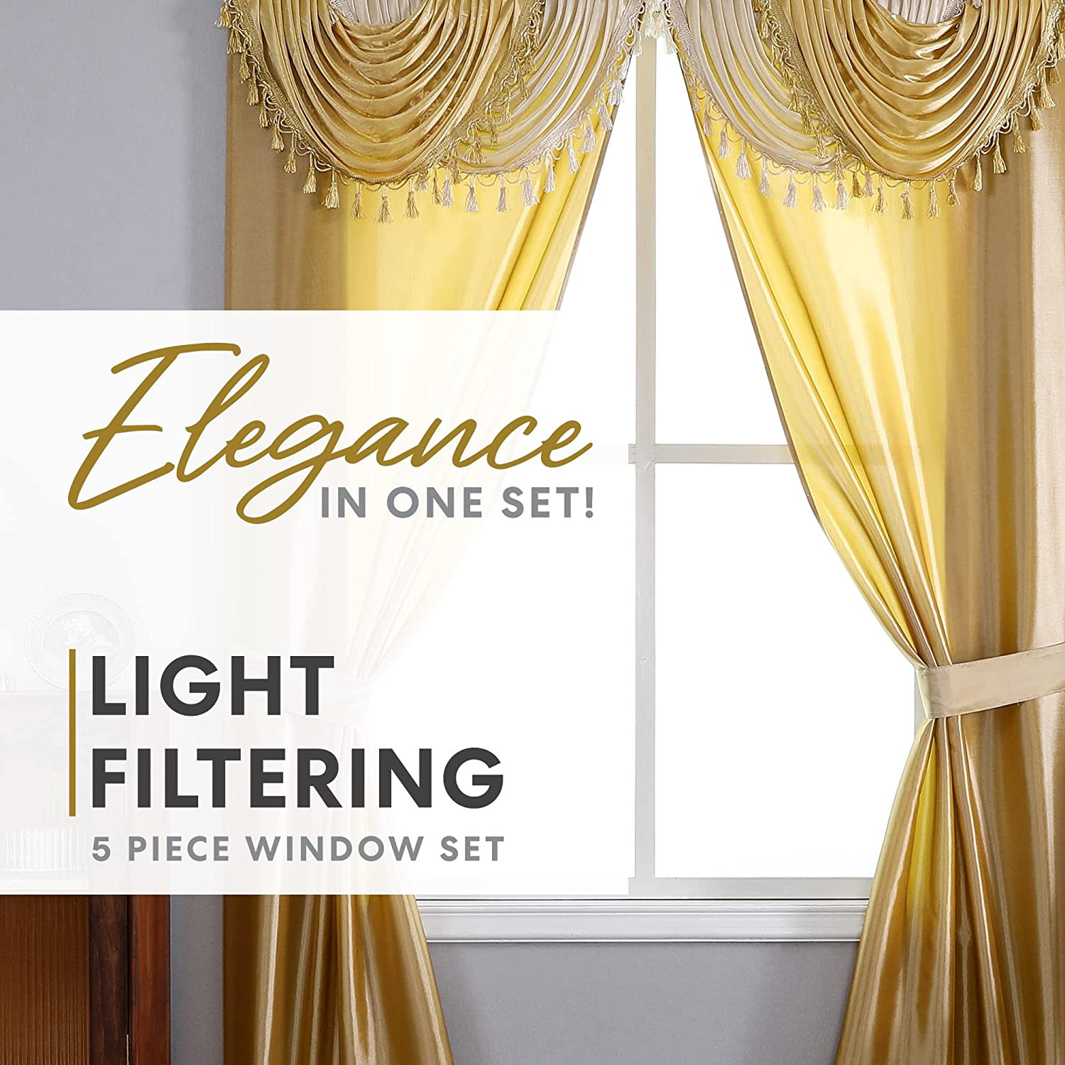 Amore Curtains 5-Piece Window Curtain Set – 54-Inch W x 84-Inch L Panels with At