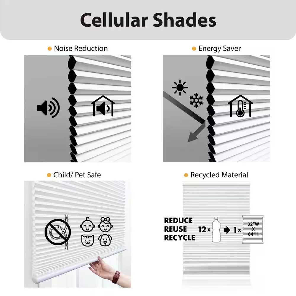 White Cordless Blackout Polyester Cellular Shades – 34 In. W X 64 In. L