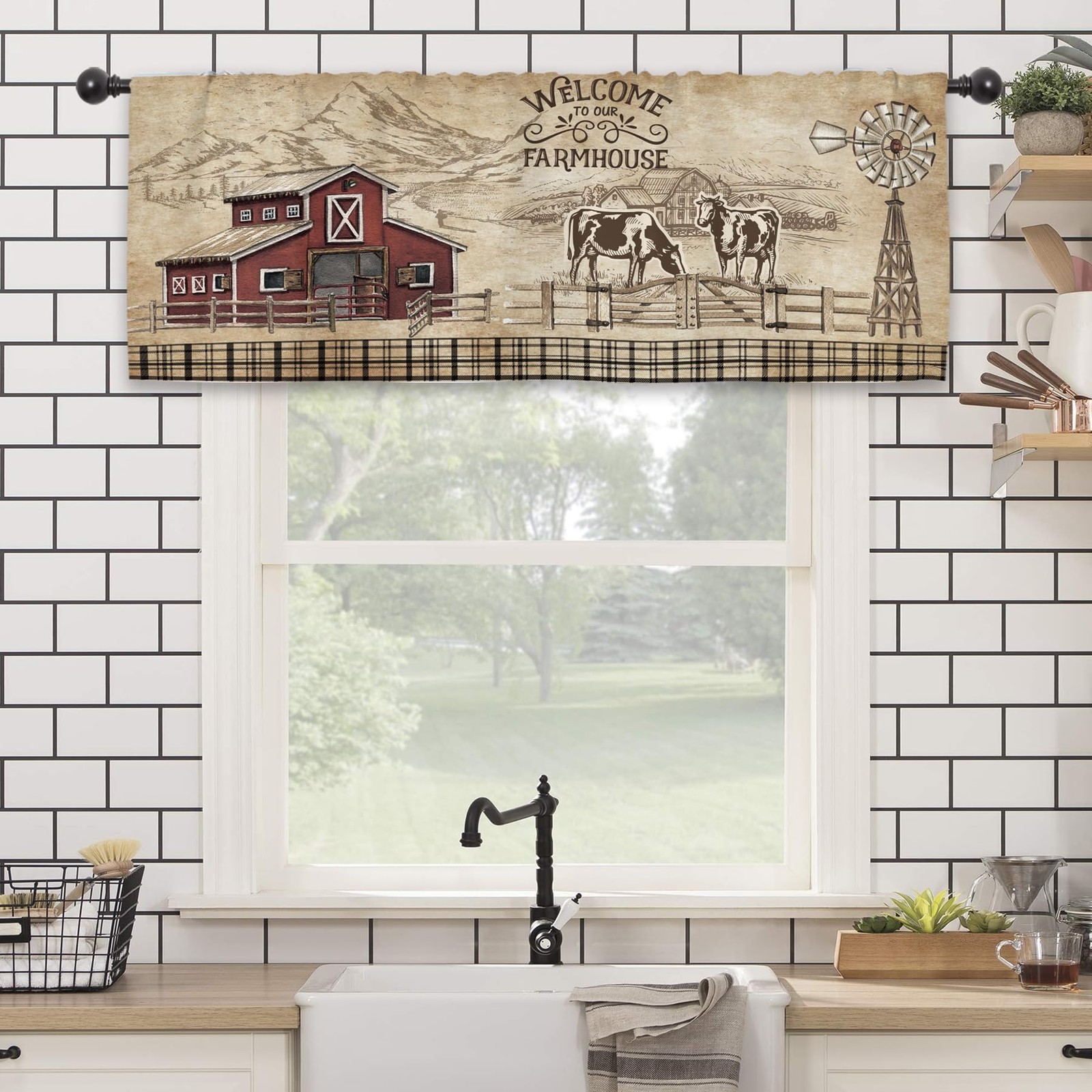 Farmhouse Farm Rustic Kitchen Curtain Valance 54W x 18L Inch Vintage Country Cow