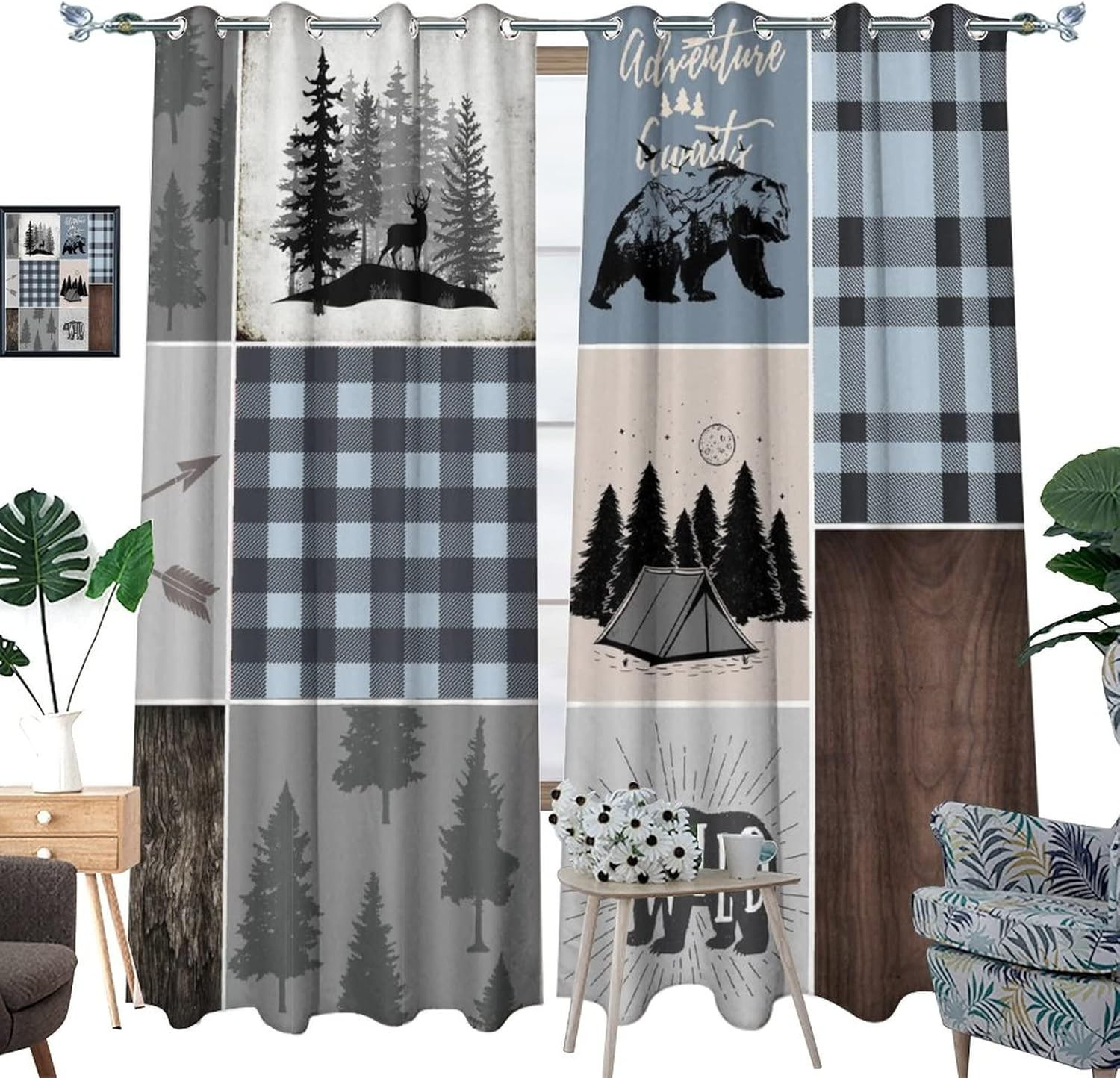 Rustic Bear & Deer Blackout Curtains, 2 Panels, Thermal Insulated 84×42