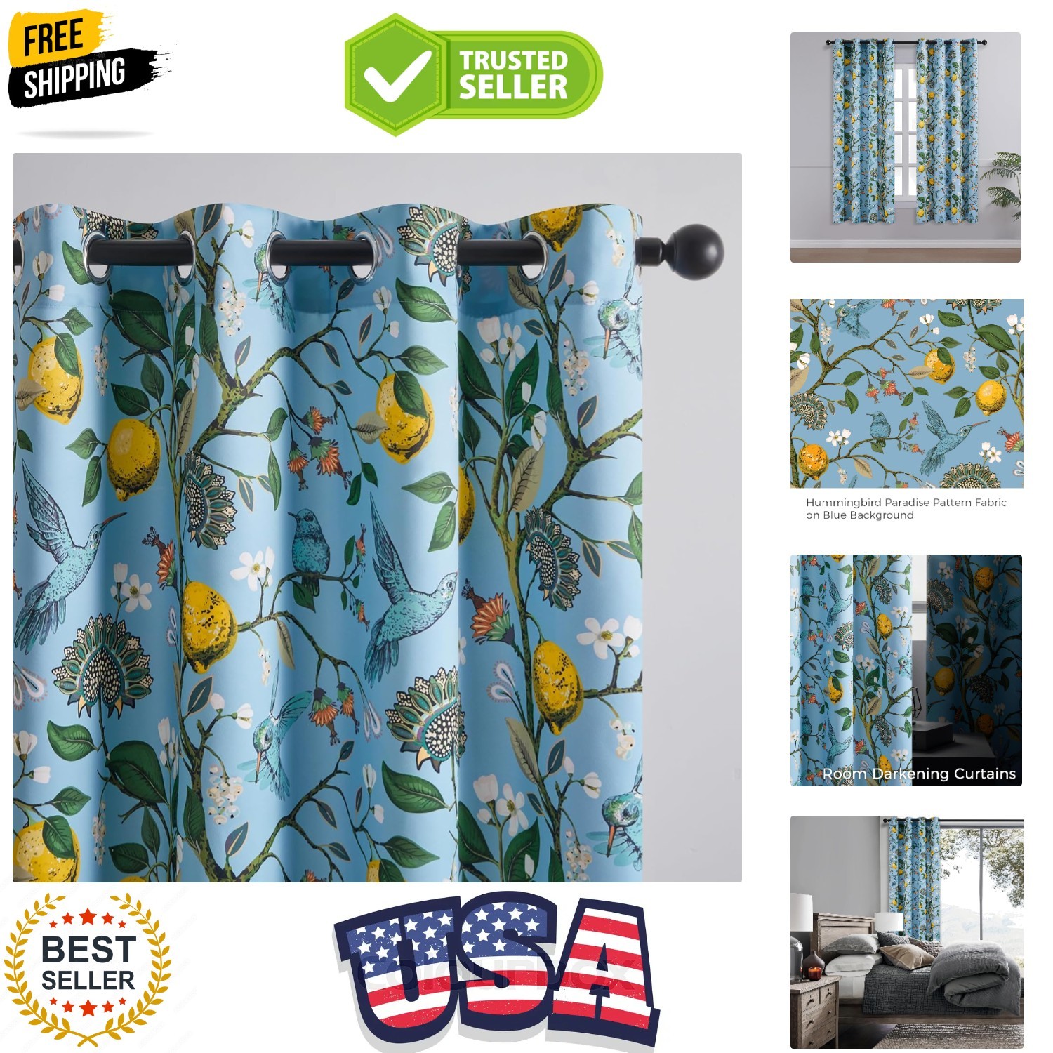 Kitchen Curtains 45 Inch Length Blue Vintage Blackout Curtains for Cafe Kitch…