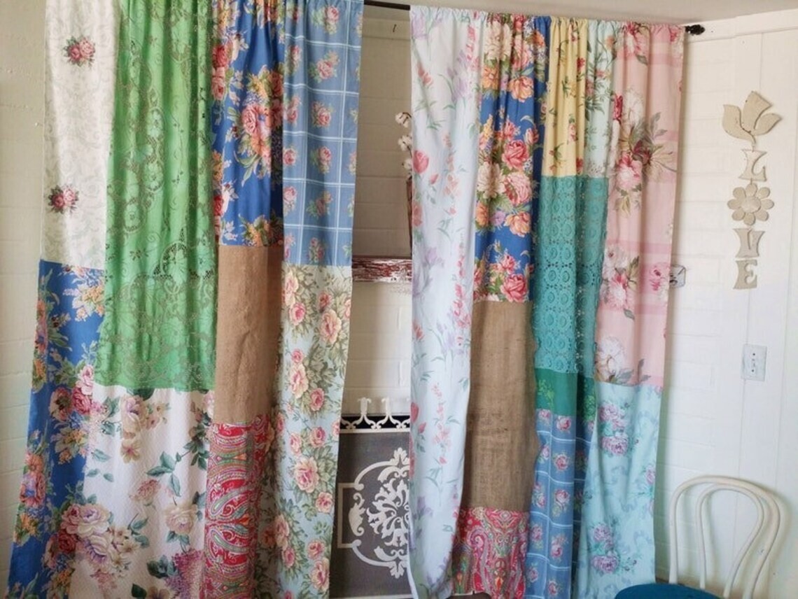 2 Pcs Indian Sari Patchwork Curtain Drape Window Decor Multi Silk Sari Curtain