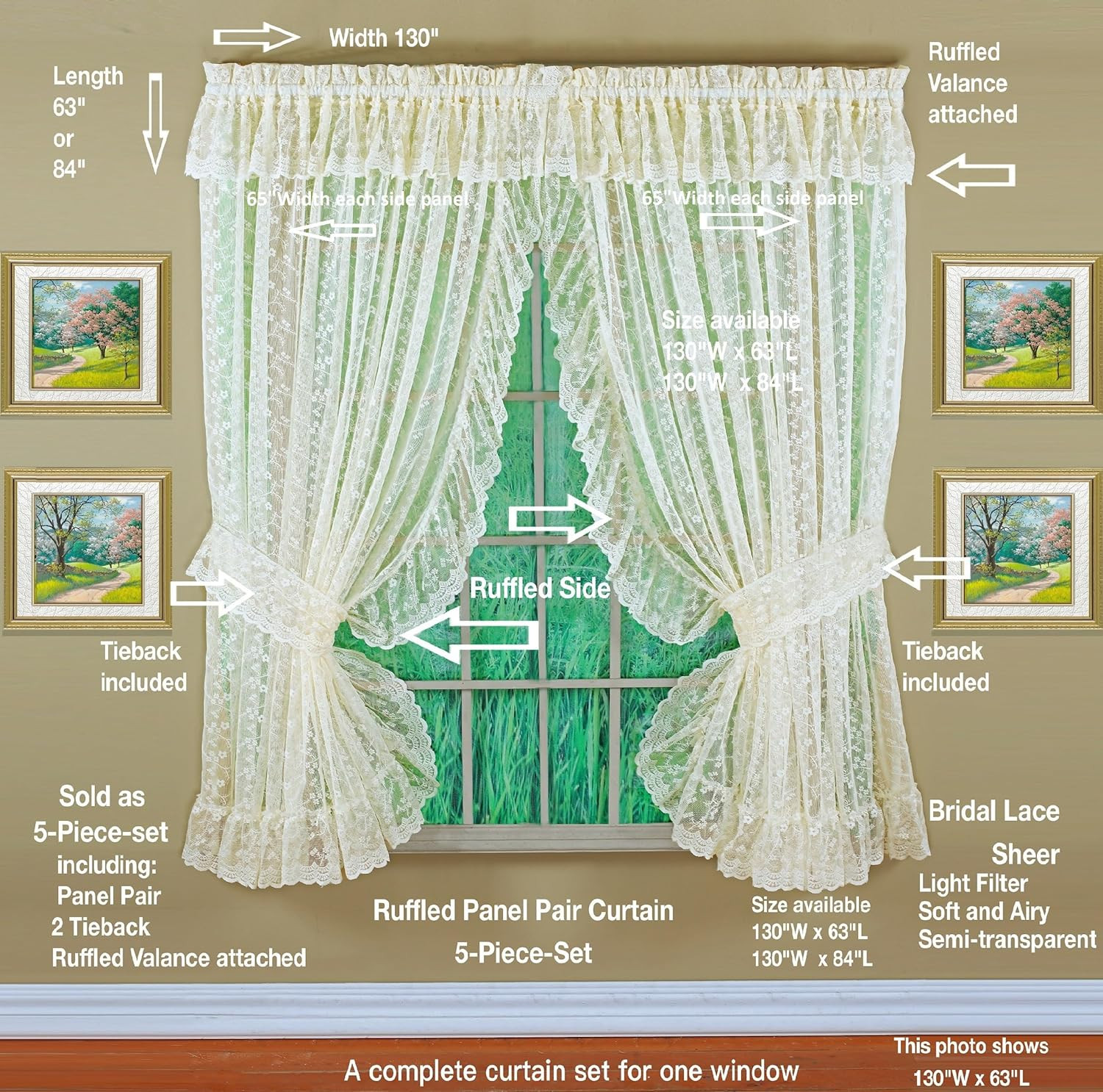 Ivory Priscilla Lace Ruffled 5-Piece Bridal Curtain Set, 84″ Length
