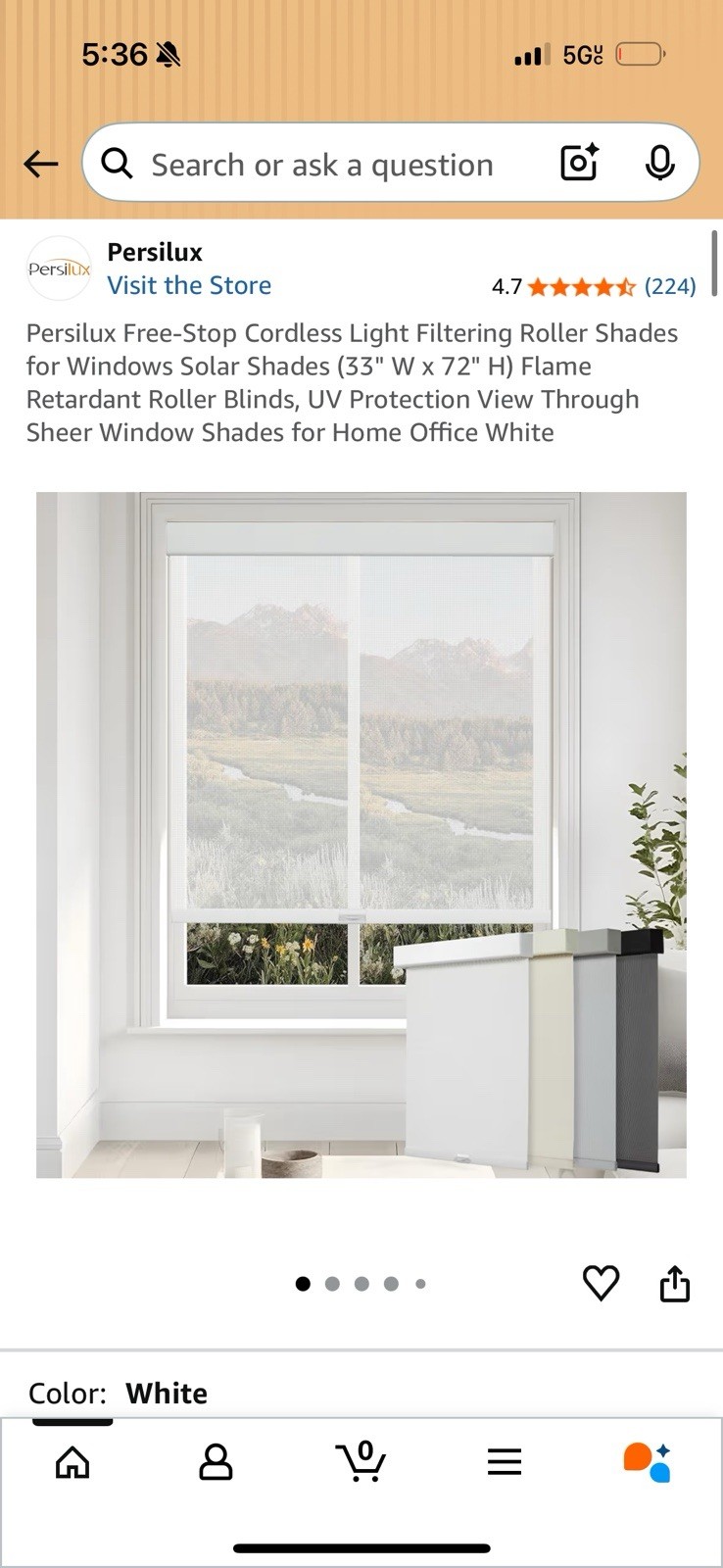 Persilux Solar Cordless Roller Shades Light Filtering Blinds Windows 33”W X 72″H