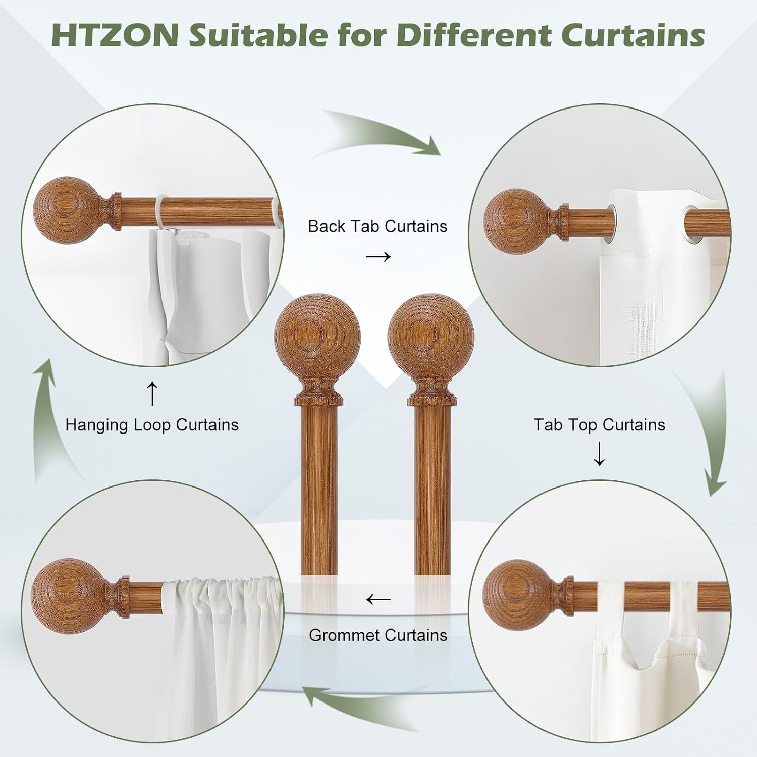 2 Pack Wood Curtain Rods for Windows 28 to 48 Inch,1 Inch Wood Grain Ball Adjust