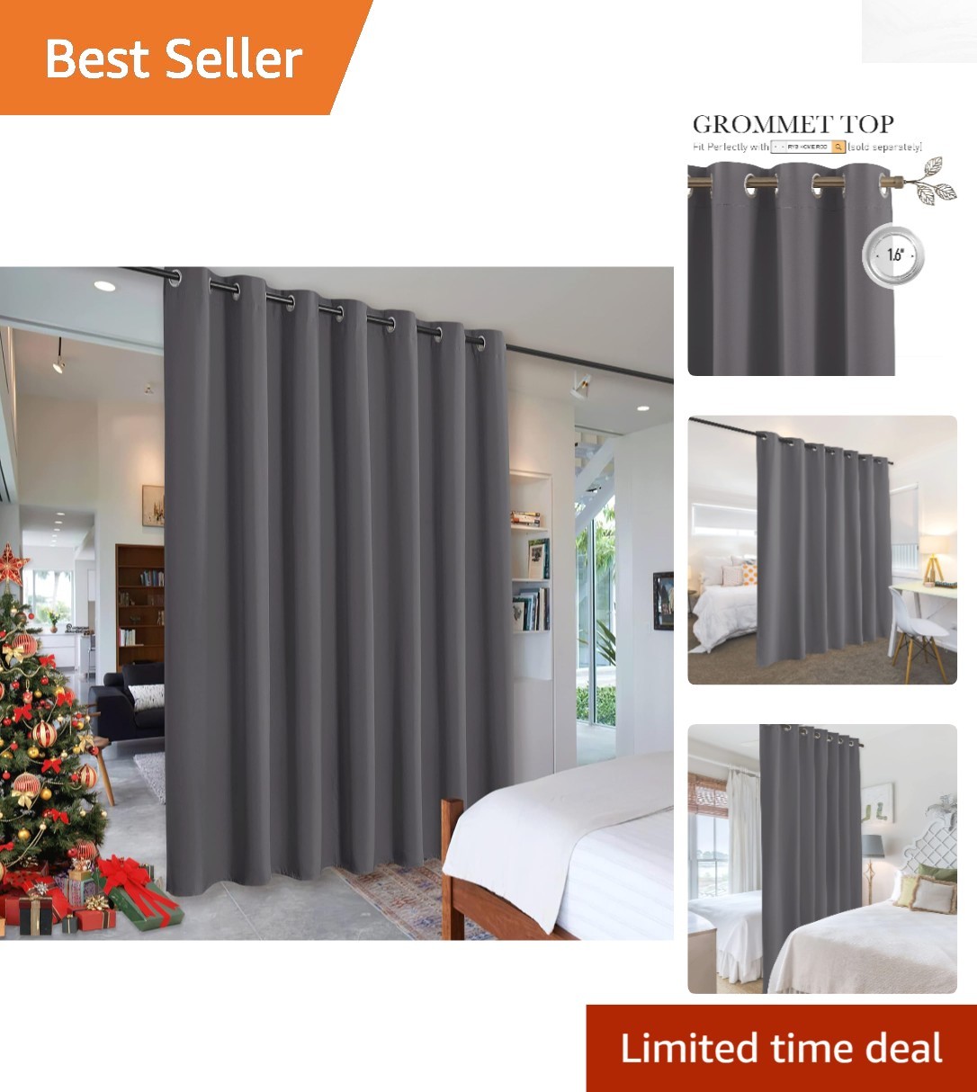 100×84 Modern Grey Blackout Curtains – Instant Room Divider & Privacy Screen