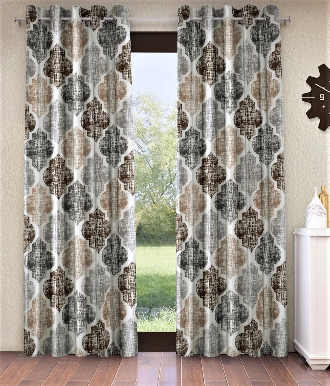 2 Pieces Moroccan Motif Eyelet Glace Cotton Window Curtains 5Ft – Brown