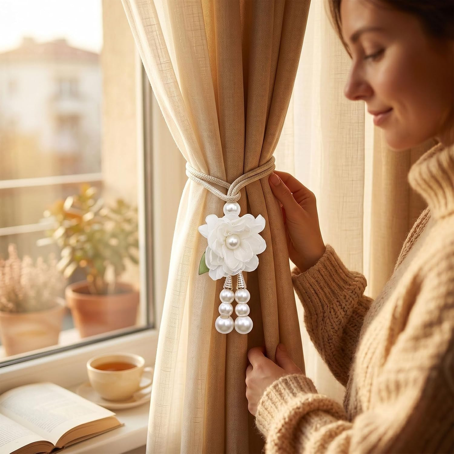 Adjustable Curtain Tiebacks， 4Pcs(2Pair) Hand-Woven Rope with Silk Flower & Pear
