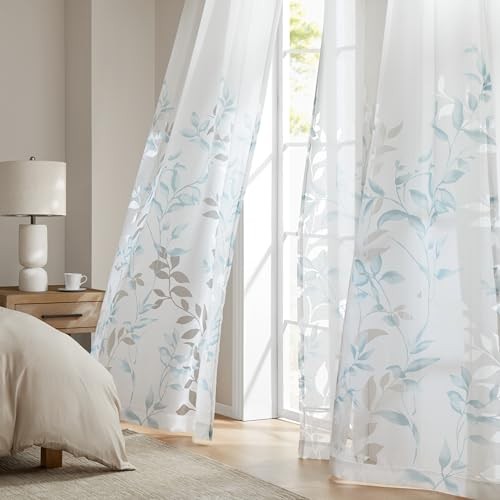 Cecily Semi Sheer SINGLE Panel Window 50″W x 84″L (Pack of 1) Leaves Auqa