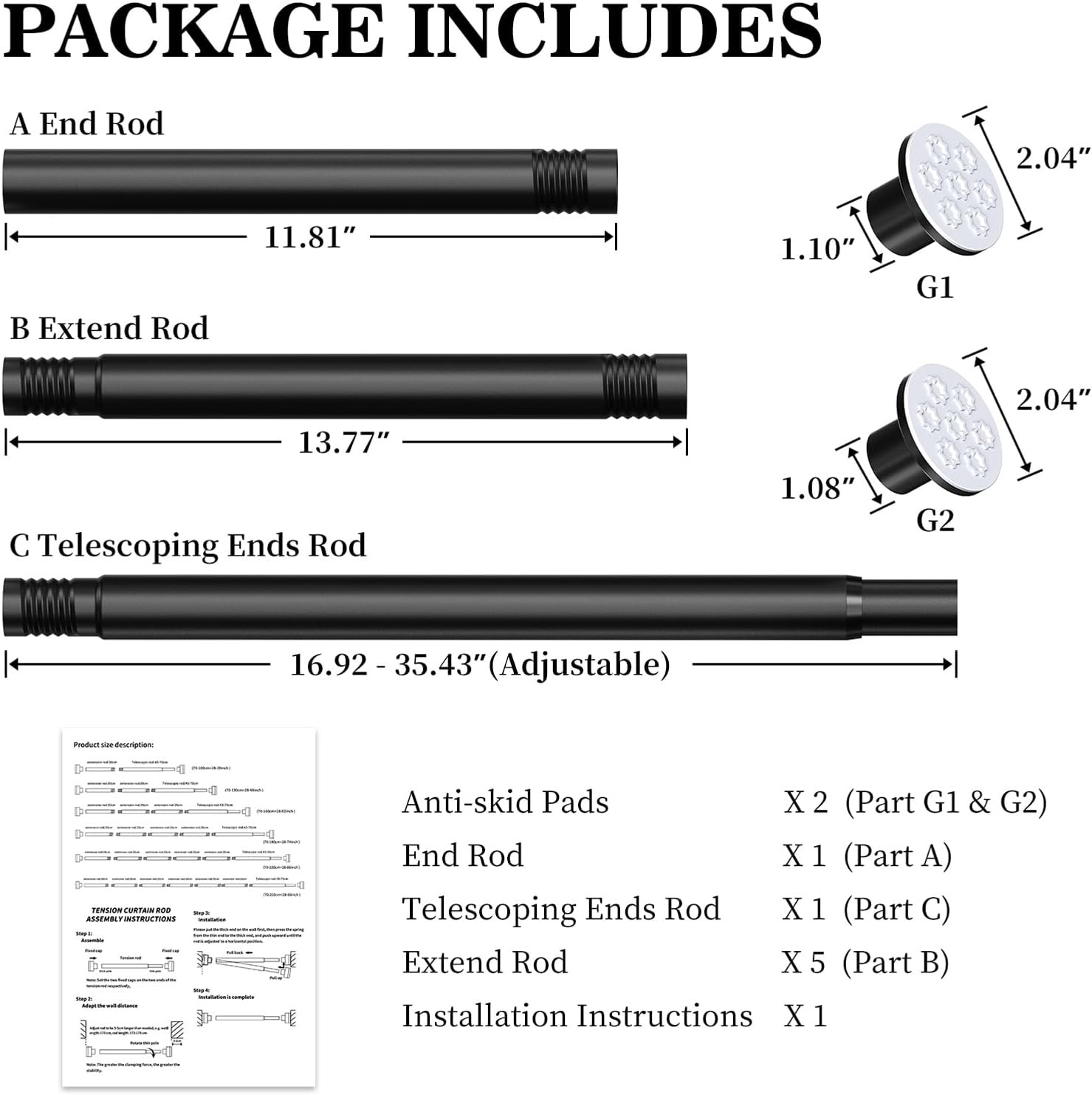 No Drilling Closet Rod Adjustable Black 28-98″ Heavy-Duty Tension Rods Hanging