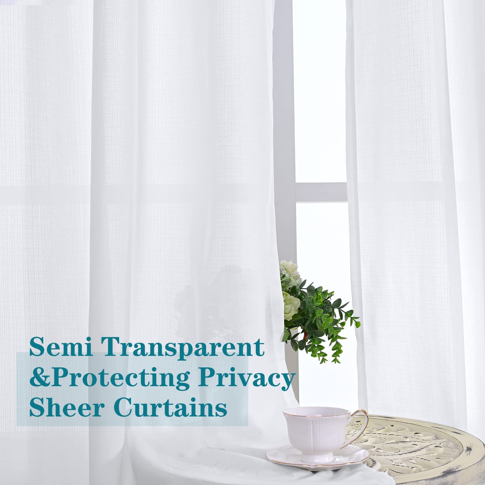 BGment Linen Look Semi Sheer Curtains for Bedroom, 52 x 54 Inch White Grommet