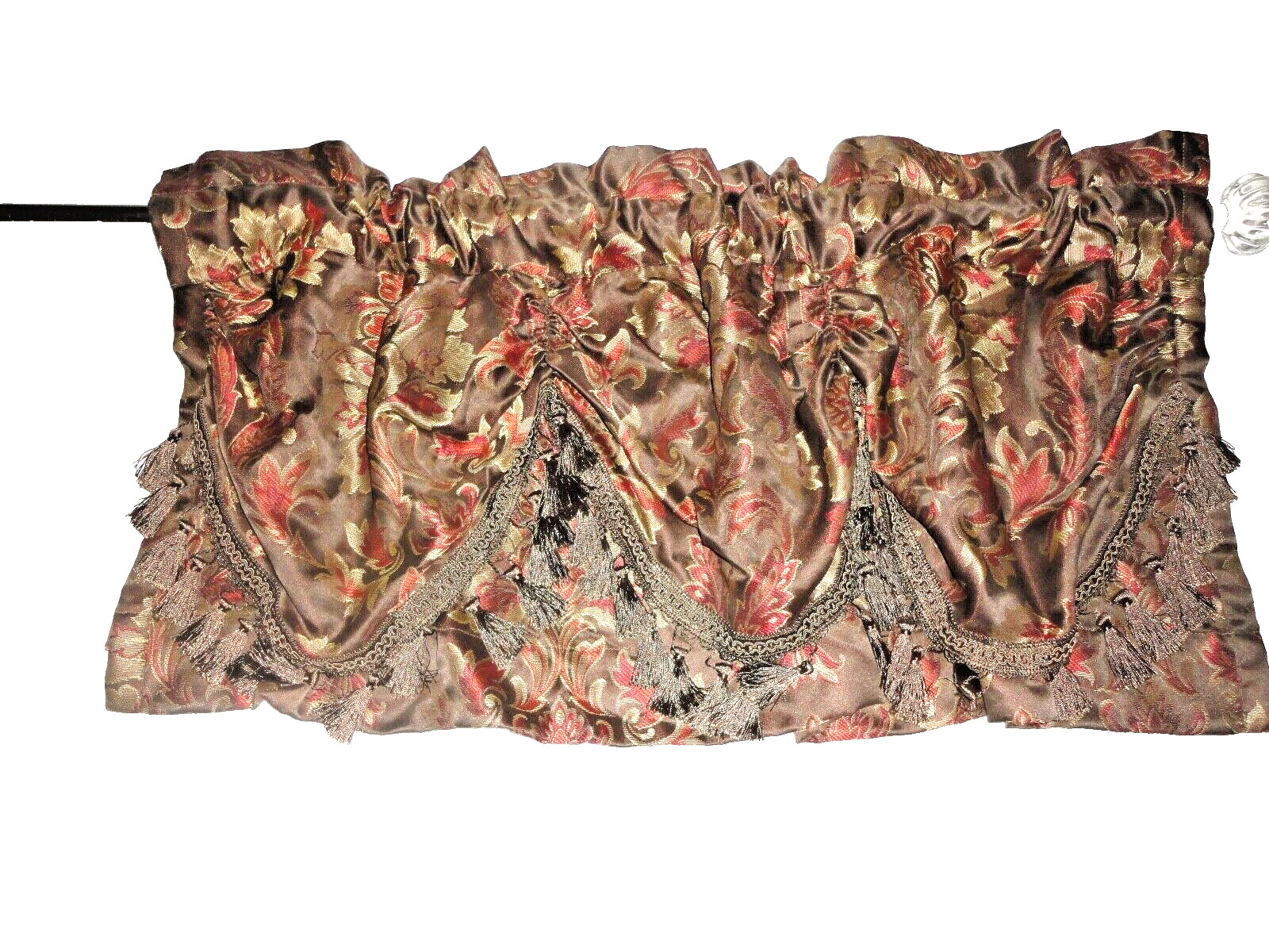CHRIS MADDEN BROWN & RED GOLD LEAF PRINT (1) TUCK VALANCE 49 X 19 TASSELS