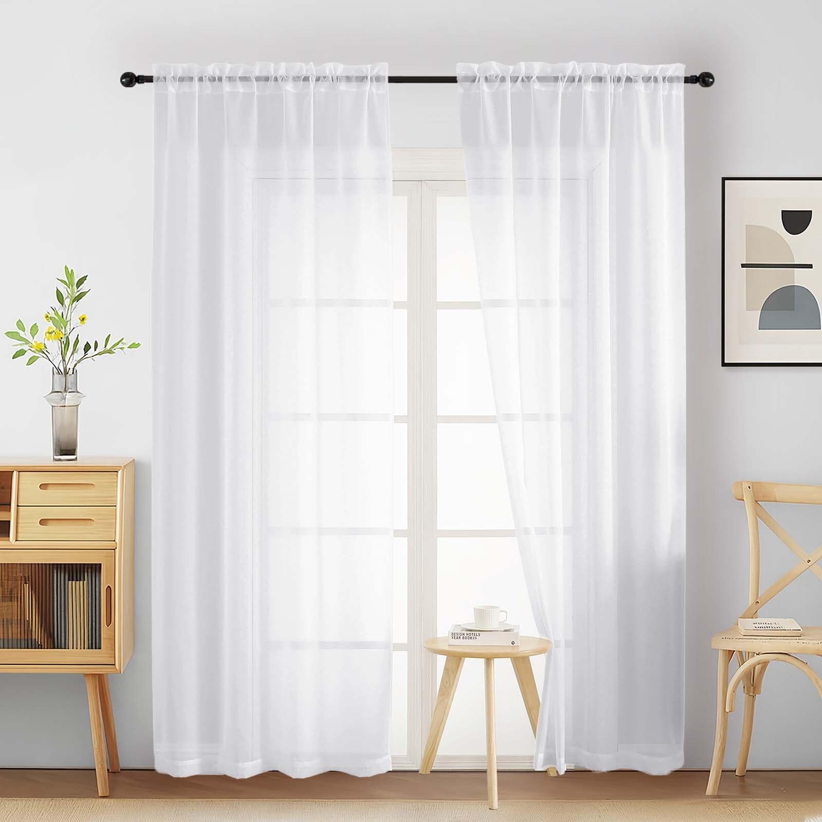 White Sheer Curtains 90 Inches Long 2 Panels, Light Filtering Solid Sheer Cur…